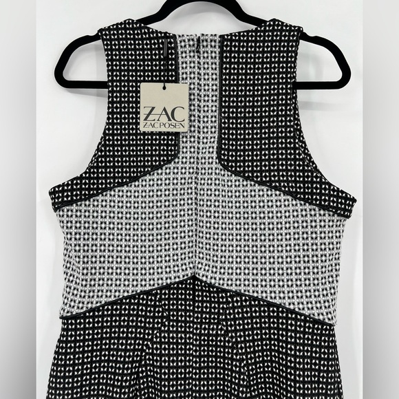 🆕 NWT ZAC Zac Posen VOGUE Peplum Midi Dress Printed Stretch Black Gray White 14 - Picture 7 of 14